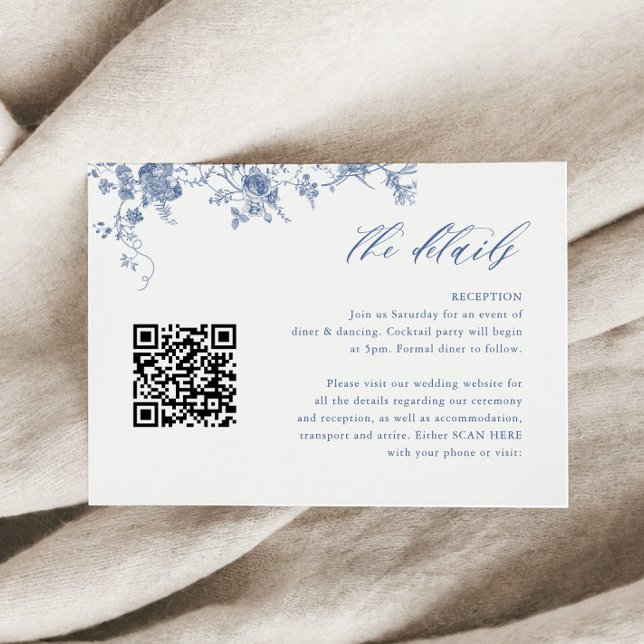 Chinoiserie Toile Dusty Blue Wedding Details QR Enclosure Card (Creator Uploaded)