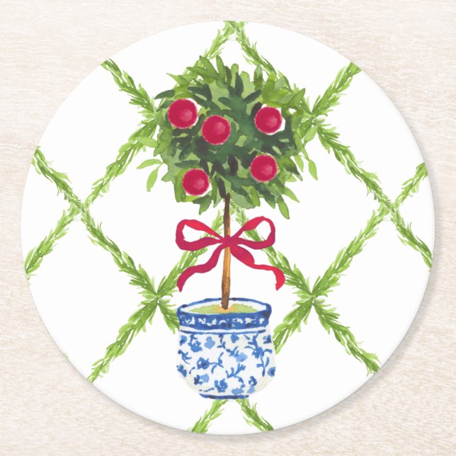 Chinoiserie Topiary Holiday Round Paper Coaster (Front)
