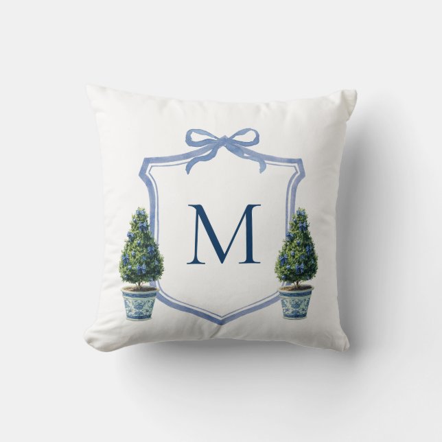 Chinoiserie Topiary Monogrammed Crest Throw Pillow (Front)