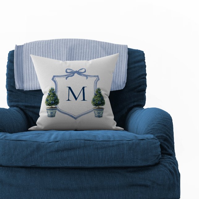 Chinoiserie Topiary Monogrammed Crest Throw Pillow (Topiary Tree Monogram Crest Pillow)