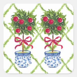 Chinoiserie Topiary Red Christmas  Square Sticker