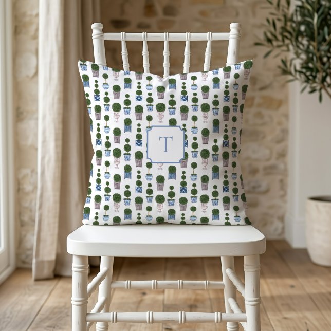 Chinoiserie Topiary Tree Bow Monogrammed Throw Pillow (Topiary Tree Pillow)