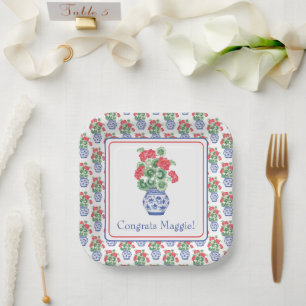 Chinoiserie Vase of Red Geraniums Paper Plate