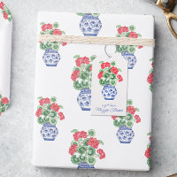 Chinoiserie Vase of Red Geraniums Personalized