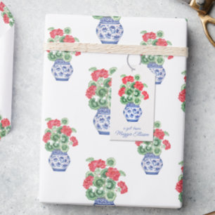 Chinoiserie Vase of Red Geraniums Personalized Gift Tags