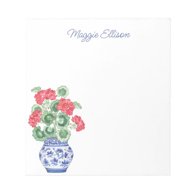 Chinoiserie Vase of Red Geraniums Personalized Notepad (Front)