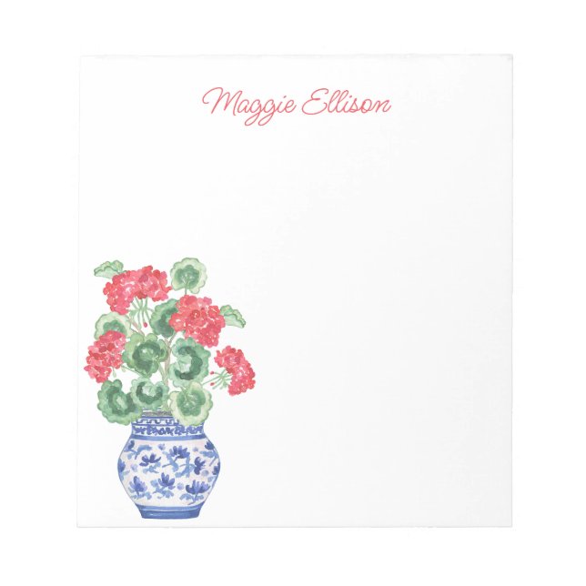 Chinoiserie Vase of Red Geraniums Personalized Notepad (Front)
