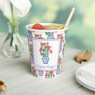 Chinoiserie Vase of Red Geraniums Personalized Paper Cups