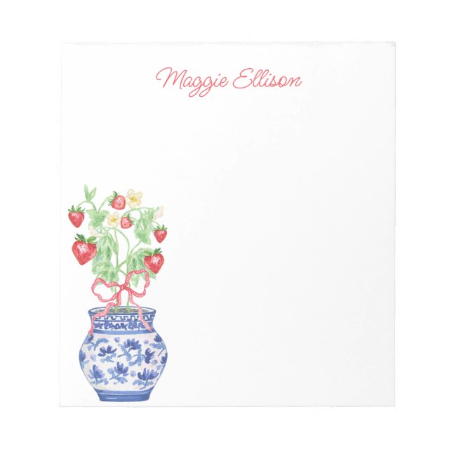 Chinoiserie Vase of Red Strawberries Personalized Notepad (Front)