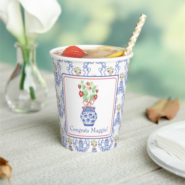 Chinoiserie Vase of Red Strawberries Personalized Paper Cups (Insitu)