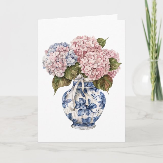 Chinoiserie Vase Ribbon Hydrangea Blank Greeting Card (Front)