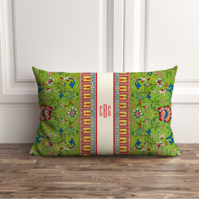 Chinoiserie verte classique Coussin avec Monogramm (Créateur téléchargé)