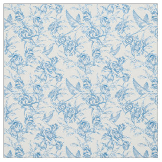 Chinoiserie Vintage Blue Rose Floral Bird  Fabric
