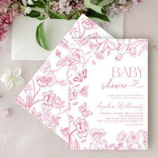 Chinoiserie Vintage Floral Pink Script Baby Shower Invitation