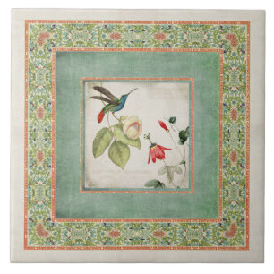 Chinoiserie Vintage Hummingbirds n Flowers Coral Tile