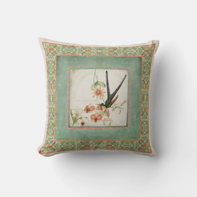 Chinoiserie Vintage Hummingbirds n Flowers Striped Throw Pillow (Front)