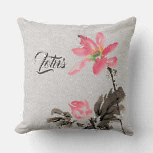 Chinoiserie Vintage Ink Wash Painting Floral Lotus Throw Pillow