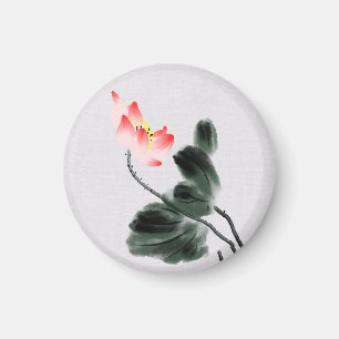 Chinoiserie Vintage Ink Wash Painting Lotus Floral Magnet