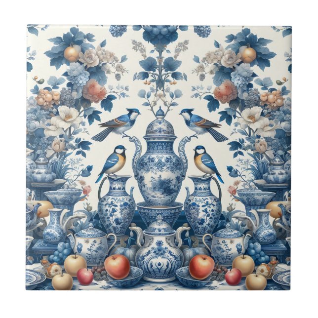 Chinoiserie Vintage Style Birds & Vases Pillow Tile (Front)