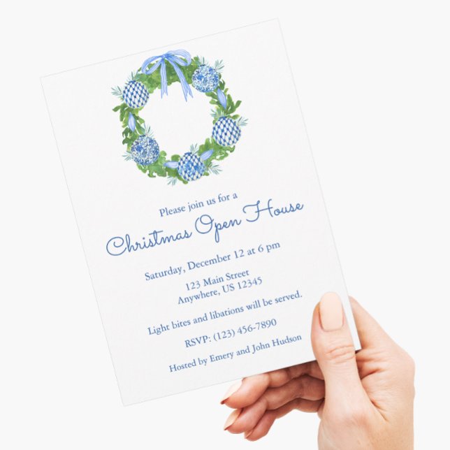 Chinoiserie Watercolor Blue Christmas Wreath Invitation (Creator Uploaded)