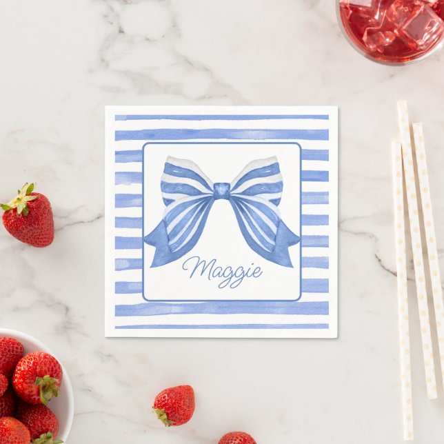 Chinoiserie Watercolor Blue Striped Bow  Napkin (Insitu)