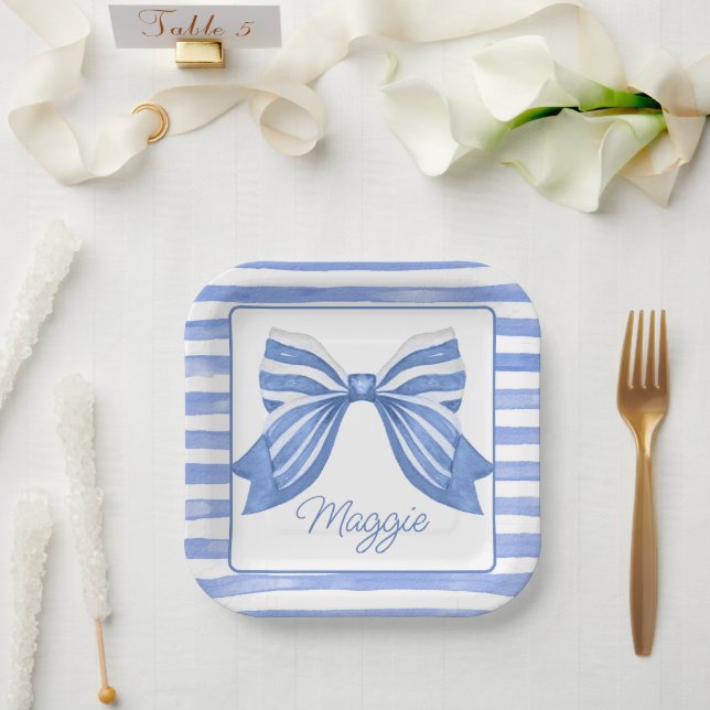 Chinoiserie Watercolor Blue Striped Bow Paper Plate (Wedding)