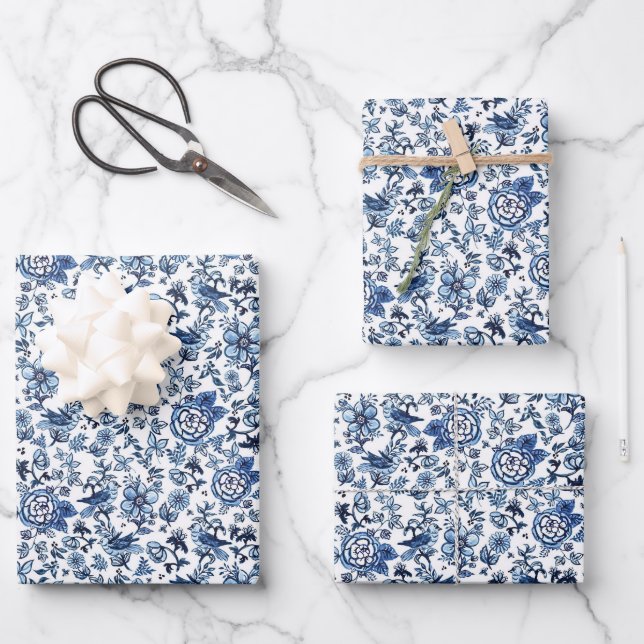 Chinoiserie Watercolor Blue Wrapping Paper Sheets (Front)