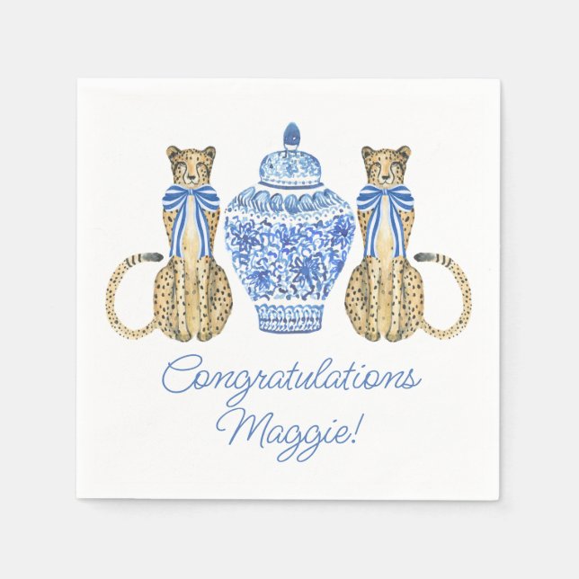 Chinoiserie Watercolor Bow Cheetah Ginger Jar Napkin (Front)