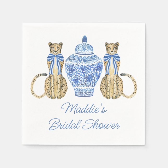 Chinoiserie Watercolor Bow Cheetah Ginger Jar  Napkin (Front)