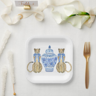 Chinoiserie Watercolor Bow Cheetah Ginger Jar Paper Plate