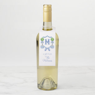 Chinoiserie Watercolor Bow Topiary Monogram Crest Bottle Tag