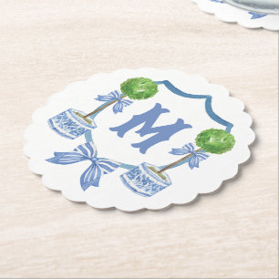 Chinoiserie Watercolor Bow Topiary Monogram Crest Paper Coaster