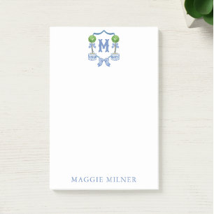 Chinoiserie Watercolor Bow Topiary Monogram Crest Post-it Notes