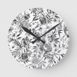 Chinoiserie Watercolor Floral Botanical Painting Round Clock