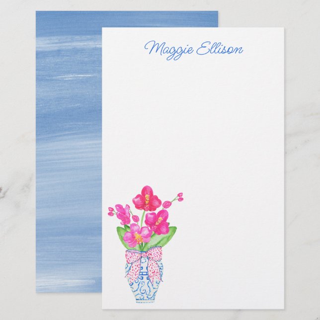 Chinoiserie Watercolor Ginger Jar Orchid  Stationery (Front/Back)