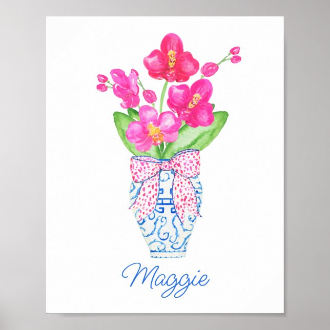Chinoiserie Watercolor Ginger Jar Orchids Poster (Front)