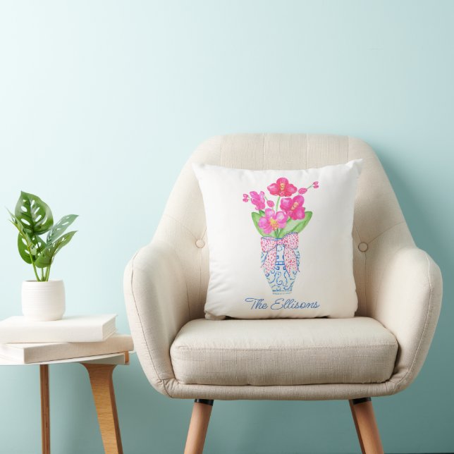 Chinoiserie Watercolor Ginger Jar Orchids Throw Pillow (Chair)