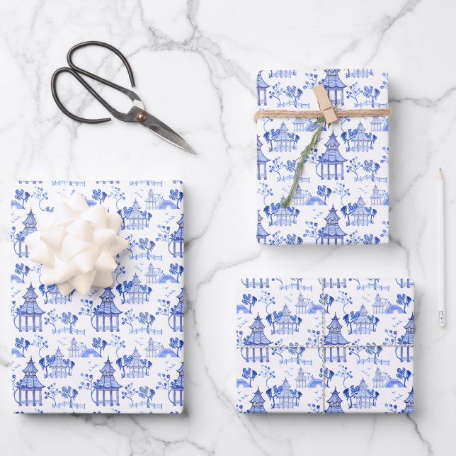 Chinoiserie Watercolor Pagoda Gift Wrapping Sheets (Front)