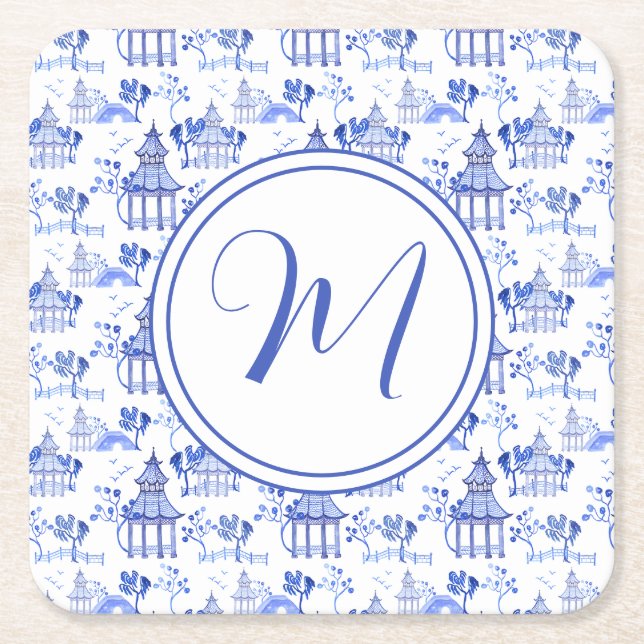 Chinoiserie Watercolor Pagoda Pattern Monogram Square Paper Coaster (Front)