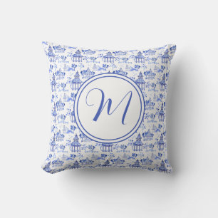 Chinoiserie Watercolor Pagoda Pattern Monogram Throw Pillow