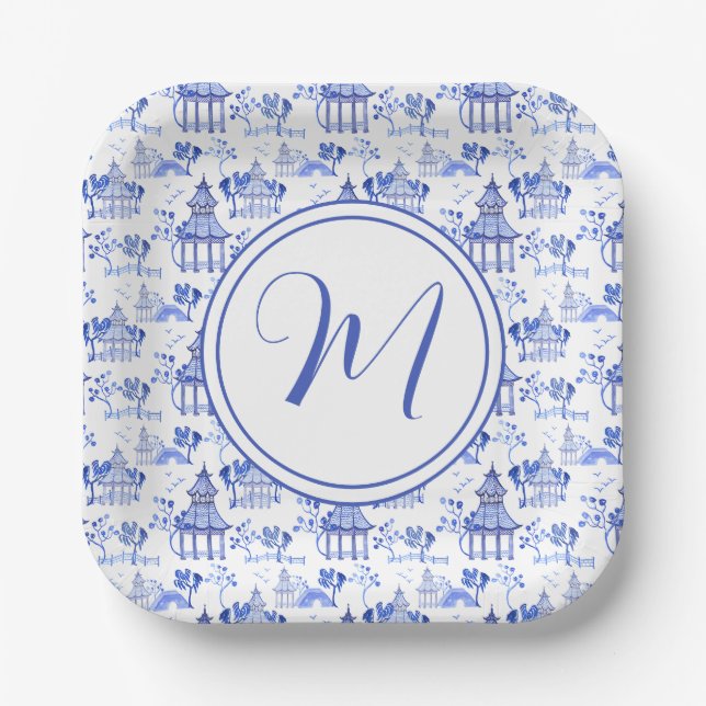 Chinoiserie Watercolor Pagoda Pattern Paper Plate (Front)