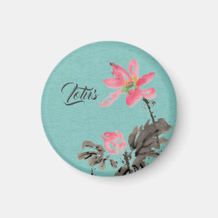 Chinoiserie Watercolor painting Floral Lotus Green Magnet