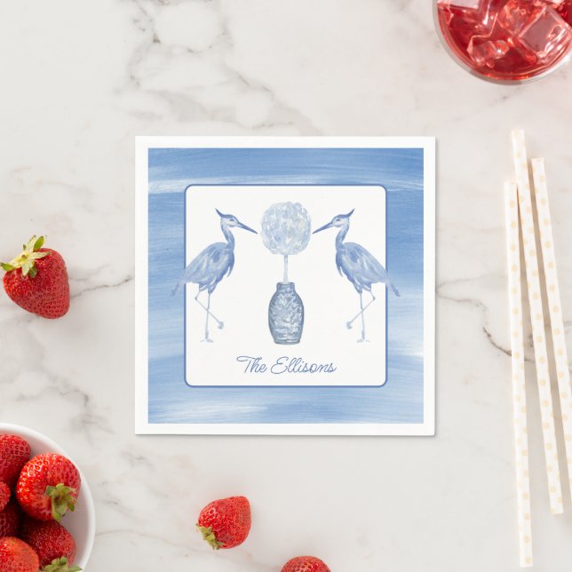 Chinoiserie Watercolor Topiary Blue Heron  Napkin (Insitu)