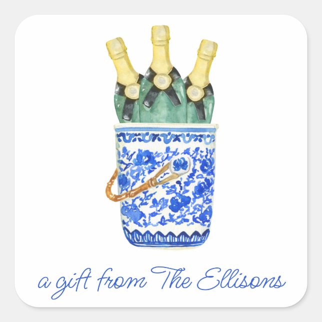 Chinoiserie Watercolor Wine Bucket Gift Stickers (Front)