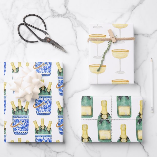 Chinoiserie Watercolor Wine Bucket Wrapping Paper (Front)