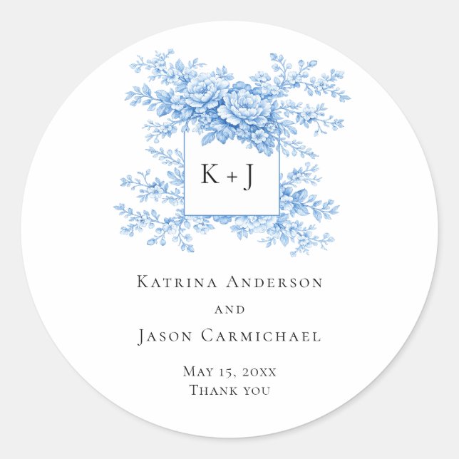 Chinoiserie Wedding Floral Monogram Elegant Classic Round Sticker (Front)