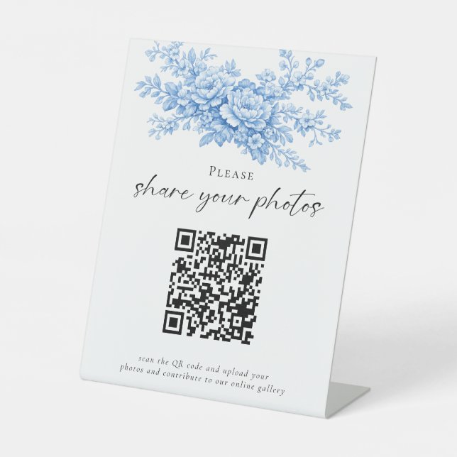 Chinoiserie Wedding Photos QR Code Welcome Script Pedestal Sign (Front)
