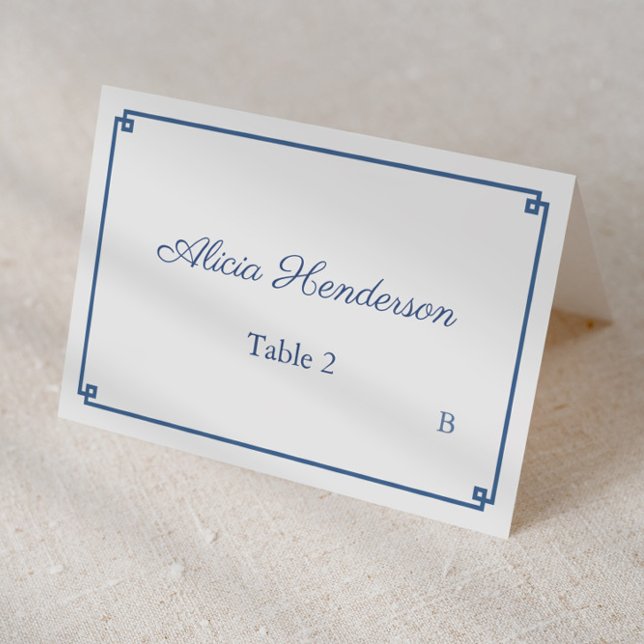 Chinoiserie Wedding shower Carte individuelle (Dark blue and white greek key border with chinoiserie print backer individual place cards)