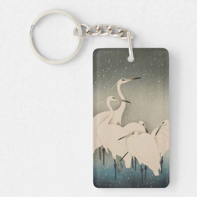 Chinoiserie White Egret Winter Snow Pattern Keychain (Front)
