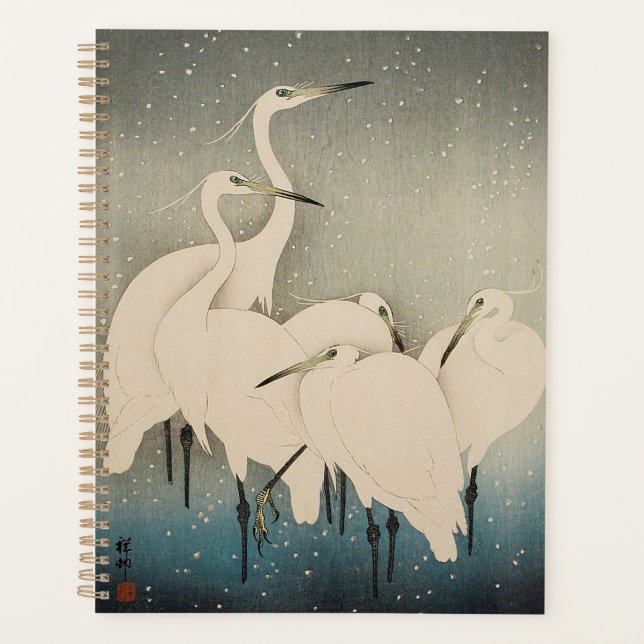 Chinoiserie White Egret Winter Snow Pattern Planner (Front)